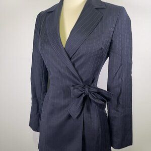 Charles Gray London Wool/Cashmere Blazer Jacket Navy Pinstripe Wrap Tie Size 0